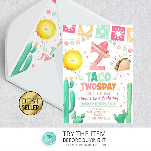Fiesta 2nd Birthday Invitation Template | Taco TWOsday Fiesta Birthday Invite Second Birthday Mexican Tacos Girl Cactus F6