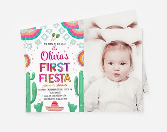 May include: A colorful invitation for a first birthday party with a fiesta theme. The invitation features a cactus, a sombrero, and the text "Olivia's First Fiesta".