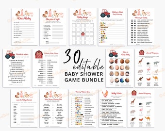 Paquete de juegos para baby shower de animales de granja, juegos de granja para baby shower de niño, juegos imprimibles de animales de granja para baby shower de granero FA7