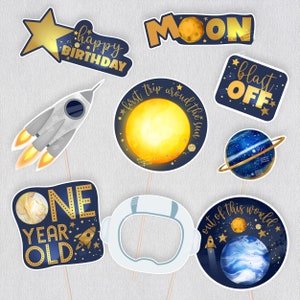 Space Photo Booth Props Printable First Trip Around The Sun Photo Props for Outer Space Party. Instant Download Party Decorations SP