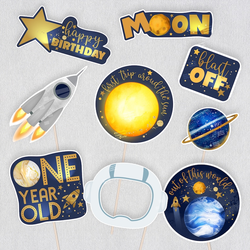 Space Photo Booth Props Printable First Trip Around The Sun Photo Props for Outer Space Party Instant Download Party