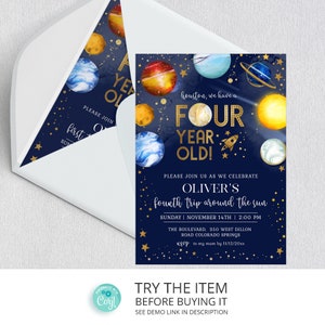May include: A blue and gold space-themed birthday invitation with planets, stars, and a rocket ship. The text reads "Houston, we have a four year old!" and includes the details of the party, including the date, time, and location.
