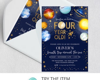 Editable Space Birthday Party Invitation FOURTH trip around the sun | 4th birthday Boy Space Invitation | Galaxy Birthday Invite SP81