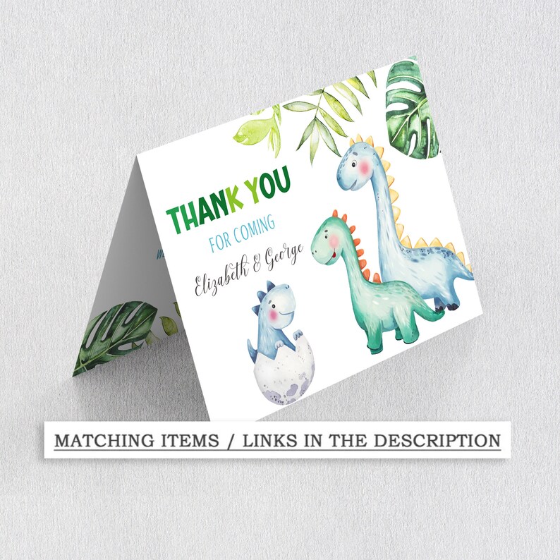 May include: Thank you card with a green, blue, and orange dinosaur illustration. The card says "Thank You for Coming Elizabeth & George".