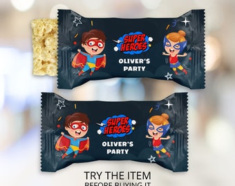 Gepersonaliseerde Rice Krispies Treat-labelsjabloon, Rice Krispies Wrapper Superheld Verjaardagsdecor Oproep aan All Superheroes Party SH12