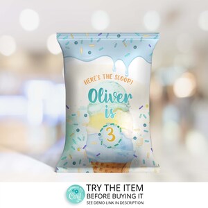 May include: A blue and yellow ice cream cone with sprinkles, a blue background, and the text "Here's the scoop! Oliver is 3".