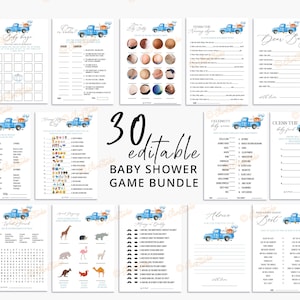 May include: A set of 30 printable baby shower game cards featuring a blue truck with white and yellow accents. The games include "What's in Your Purse?", "Celebrity Baby Names", "Guess the Baby Food", "Advice for the Parents", and more.
