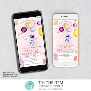 Space First Birthday Girl  Smartphone Invitation | Out of this World Birthday Electronic Invite Digital Galaxy Birthday Invite SP218