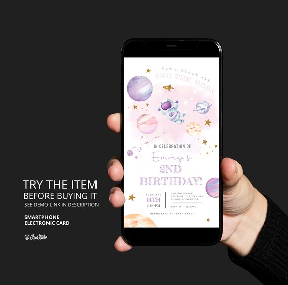 Two The Moon Invitation, Phone Invite, Space Birthday Invitation, Astronaut Birthday, Galaxy Birthday, 2nd Birthday Girl Invitation SP515