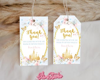 Editable Little Princess Birthday Party Favor Tags, BLUE Gold Castle Thank You Tags, Royal Princess Birthday Printable Thank You Label PR91