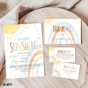 Boho Sun and Rainbow Baby Shower Invitation Set a Little Ray of Sunshine Baby Shower Invite Bundle Digital Template Instant Download RB10