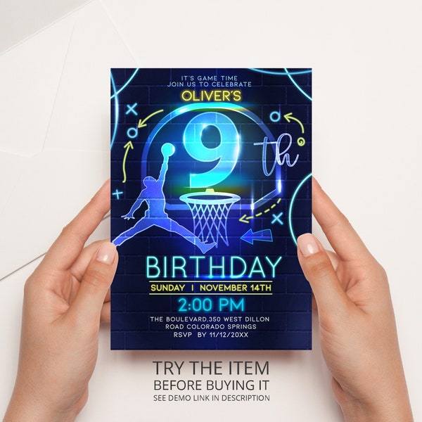 Neon Basketball Invitation Template 9th Birthday Sports Party Basketball Theme Invite Basketball Party BN(9)