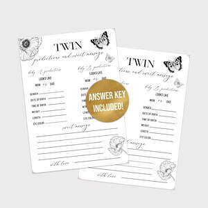 Kaart met tweelingvoorspellingen, tweelingbabyshowerspel, zwart-wit babyshower, modern babyshowerspel, genderneutraal babyshower BW10