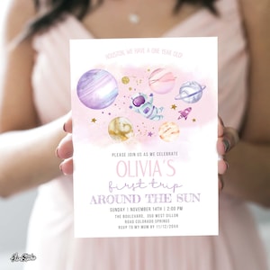 Editable Space Birthday Invitation First Trip Around The Sun | Space Birthday Girl Party Invitation | Pink Gold Galaxy Birthday Invite SP435