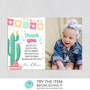 Editable Fiesta Thank You Card Template with Photo, 1st Fiesta Thank You Card, Taco birthday  fiesta party decor F28