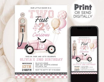 Two Fast Birthday Invite, Two Fast Two Curious Birthday Invite Girl, Race Car 2nd Birthday Invitation Template, Vintage ca CA94