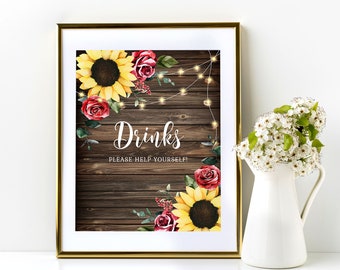 Drinks Bar Sign Template | Rustic Sunflower Roses Drinks Bar Sign | Sunflower Favors Sign | Rustic Sunflower Decorations SR42