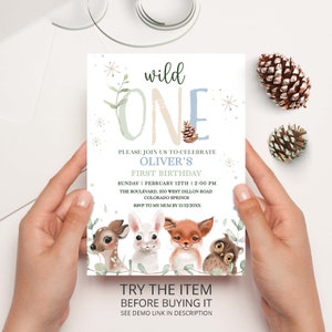 Editable Wild One Boy Birthday Invitation Template Woodland Animals | He's a Wild One Winter Birthday First Birthday Invite W15