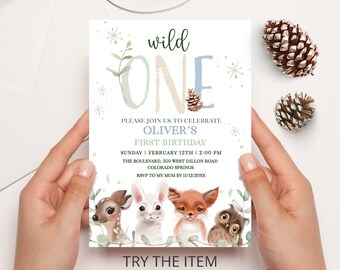 Editable Wild One Boy Birthday Invitation Template Woodland Animals | He's a Wild One Winter Birthday First Birthday Invite W15