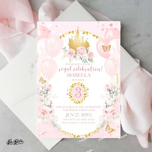 Modelo de convite de aniversário de princesa editável para meninas Convite para festa de aniversário de princesa para todas as idades Convite para castelo de princesa para impressão PR42