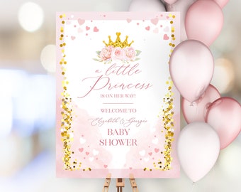 Editable Little Princess is on her way Baby Shower Welcome Sign | Pink and Gold Welcome Sign | Crown Princess Sign Party Decoration PR9