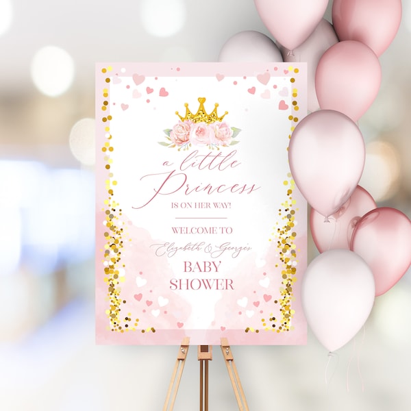 Editable Little Princess is on her way Baby Shower Welcome Sign | Pink and Gold Welcome Sign | Crown Princess Sign Party Decoration PR9