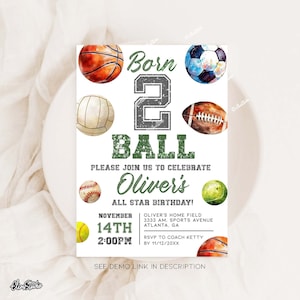 Invito modificabile per il 2° compleanno, invito per sport con palla nati 2, invito per compleanno All Star Football, Basket, Baseball, invito per compleanno ragazzo AM20
