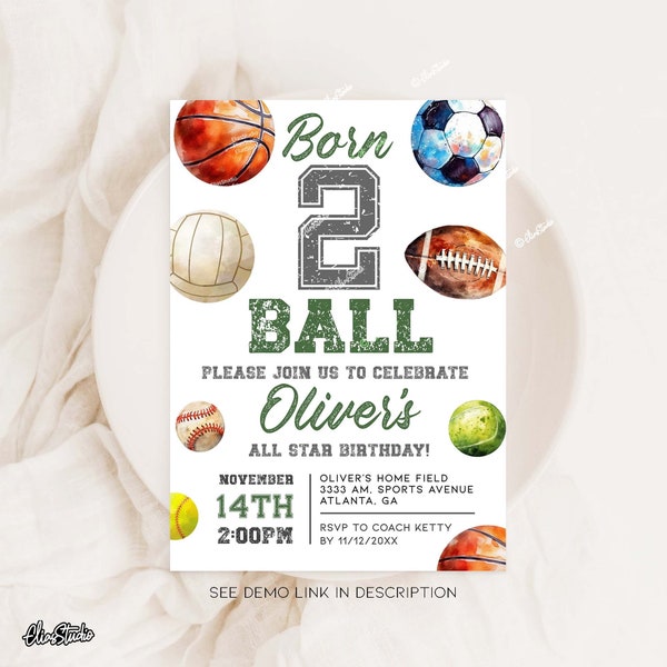 Editable 2nd Birthday Invitation, Born 2 Ball Sports Invitation, All Star Birthday Football, Basketball, Baseball Birthday Boy Invite AM20