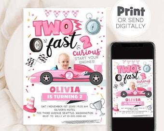 Two Fast Two Curious Birthday Invitation with Photo, Girl 2nd Birthday, girl 2 fast 2, Pink Race Car / CA65a