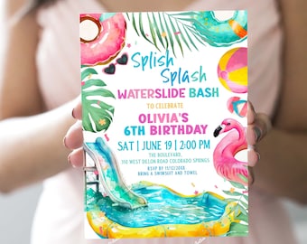 Editable All Ages Splish Splash Birthday Invitation, Waterslide Party, Pool Party Invite, Birthday Girl Invitation, Flamingo Swim Party PP2