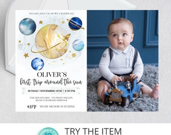 Editable Space Birthday Invitation First Trip Around The Sun | Space Birthday Party Invitation | Galaxy First Birthday Invite SP34