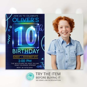 Neon Birthday Invitation Template With Photo Boy 10th Birthday Neon Glow Party Invite NPP10