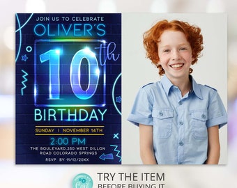 Neon Birthday Invitation Template With Photo Boy 10th Birthday Neon Glow Party Invite NPP10