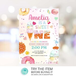 Sweet One Birthday Invitation Ice Cream Party Invitation Template, Candy Birthday Invitation Sweet One First Birthday Invitation /0289