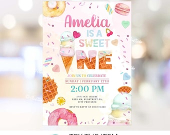 Sweet One Birthday Invitation Ice Cream Party Invitation Template, Candy Birthday Invitation Sweet One First Birthday Invitation /0289