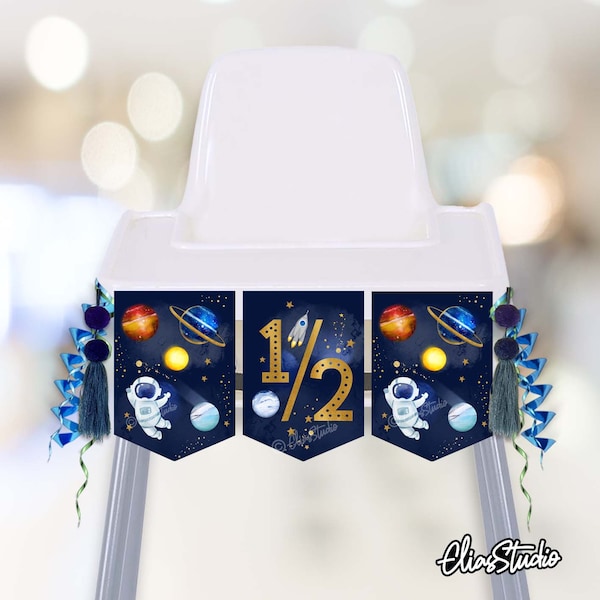 Half Birthday Boy Decorations, Outer Space Party, High Chair Banner Boy, Space Birthday, First Trip Around The Sun, Half Way To One SP500