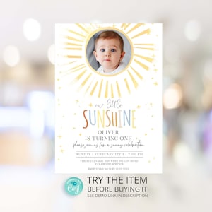 Modelo de convite de aniversário Sunshine editável com foto, convite de aniversário do nosso garotinho Sunshine You are My Sunshine Corjl S40