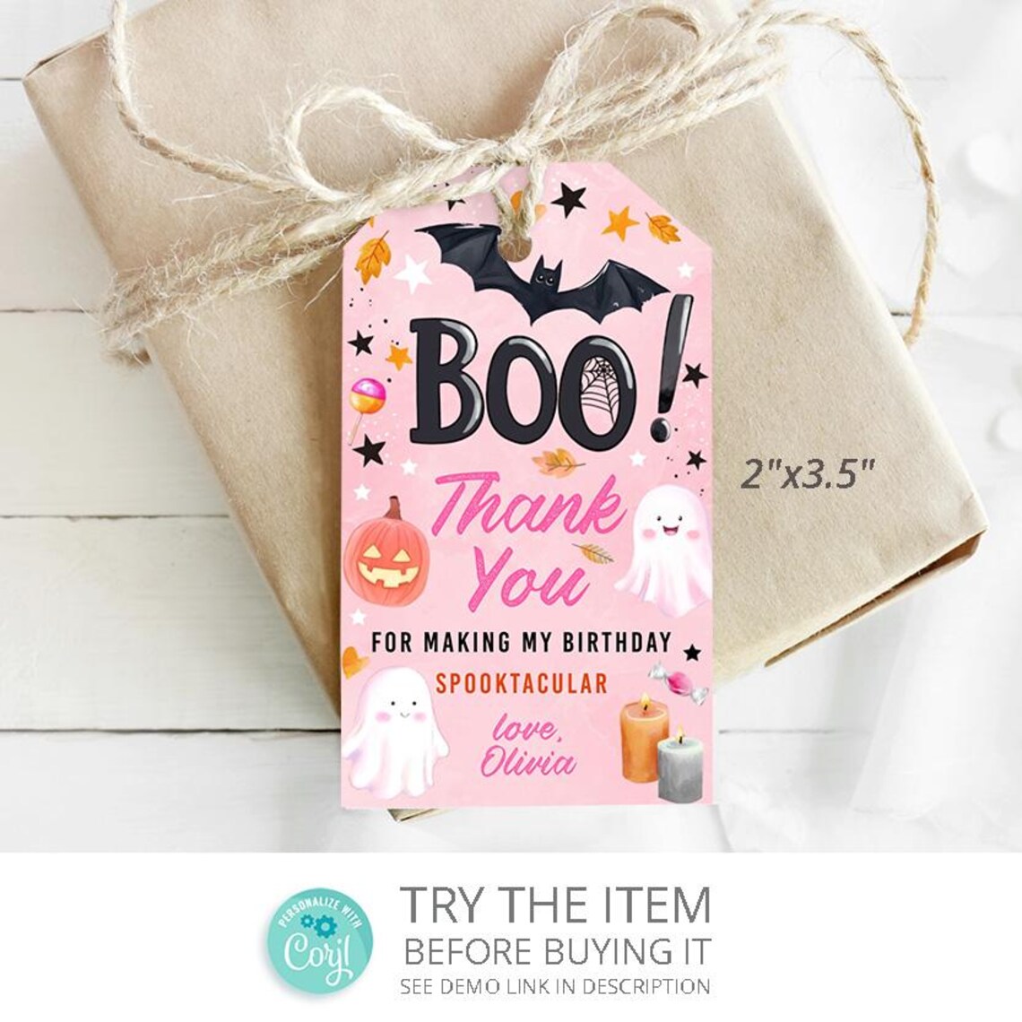 Halloween Birthday Thank You Tag: Pink Ghost Party Favor (digital ...