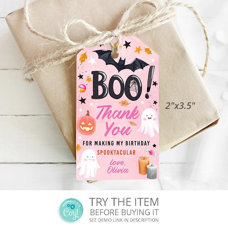 Halloween Birthday Thank You Tag: Pink Ghost Party Favor (digital ...