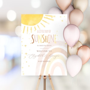 Boho Sun and Rainbow Baby Shower Welcome Sign Template, A Little Ray Of Sunshine Editable Welcome Sign Decor Corjl RB7