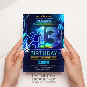 Neon Soccer Birthday Invitation Template 6th Birthday Sports Party Instant Download Soccer Invite Football Birthday NF13