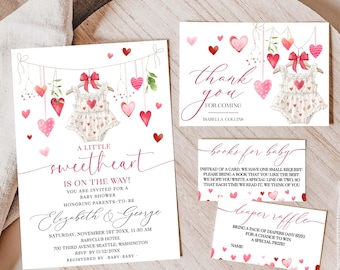May include: A pink and red baby shower invitation with a watercolor illustration of a baby onesie with hearts. The invitation says "A Little Sweetheart is on the Way!" and includes the names Elizabeth & George, the date and time of the shower, and the location. The invitation also includes a thank you card and two cards for guests to bring books or diapers to the shower.