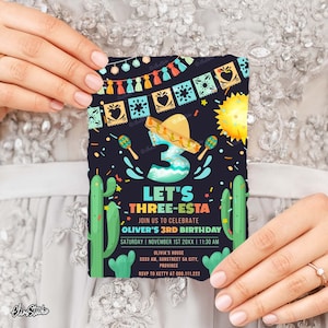 Faire-part d'anniversaire fiesta, fête d'anniversaire des Trois Esta, faire-part pour le 3e anniversaire, anniversaire cactus, carte d'anniversaire tacos, fête mexicaine F200
