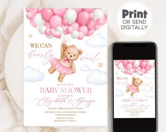 We Can Bearly Wait Baby Shower Invitation:  Pink Balloons, Teddy Bear Baby Shower Girl  (Digital Download)