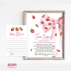 Carte et plaque d'anniversaire modifiables à thème capsule temporelle et fraise | Bow premier anniversaire fille | Modèle SB35 de livre d'or pour le premier anniversaire d'une baie