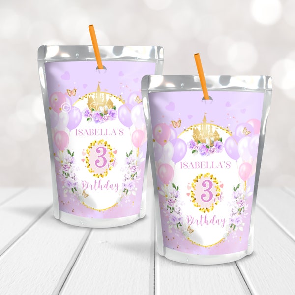 Princess Birthday Juice Pouch Template Purple Princess Birthday Party Decor Little Princess Party Favors Purple Birthday Decorations PR61