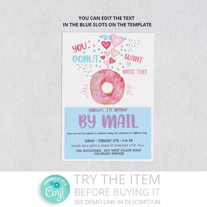 Editable Donut Birthday by Mail Invitation First Birthday 1st by Mail Invitation 100 Sprinkle by Mail Invitation