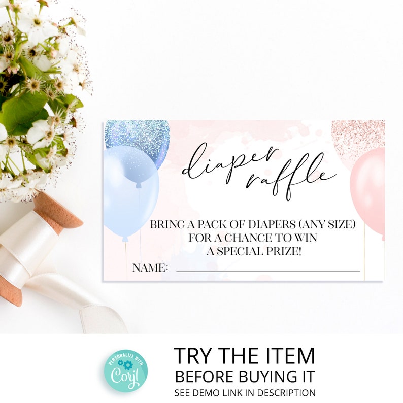 Gender Reveal Diaper Raffle Ticket Template With Balloons | Etsy