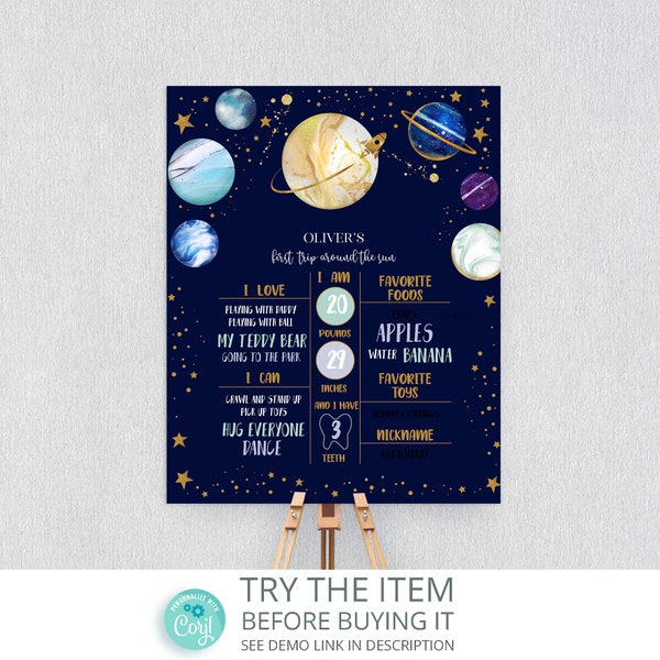 Editable Space Birthday Milestones Sign | First Trip Around the Sun Boy 1st Birthday Chalkboard | Galaxy First Birthday Milestones Sign SP46