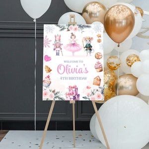 Editable Winter Birthday Nutcracker Welcome Sign, Pink Christmas Birthday Sign, Winter Girl Sugar Plum Fairy Birthday Board Template W256